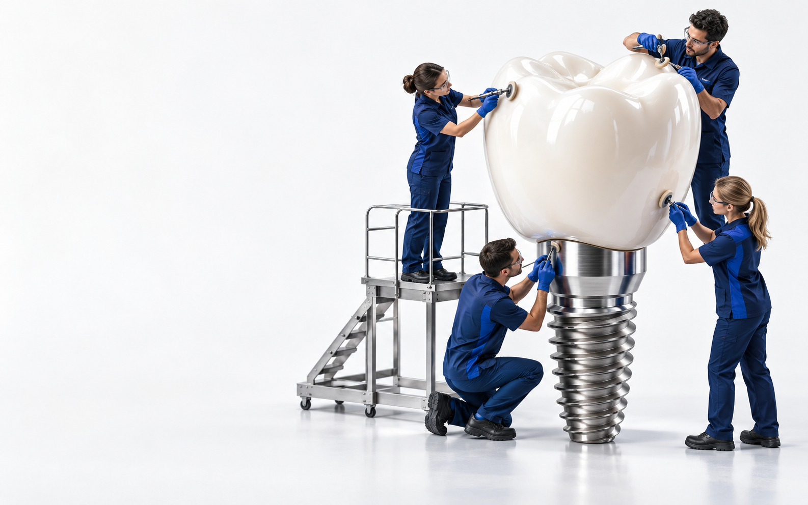 Composição ilustrativa de um implante dentário com profissionais em miniatura usando uniformes azuis.